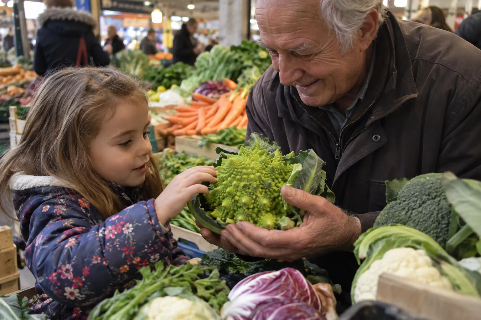 Un grand-père montre un chou romanesco à sa petite-fille qui le touche avec curiosité sur un étal de marché.