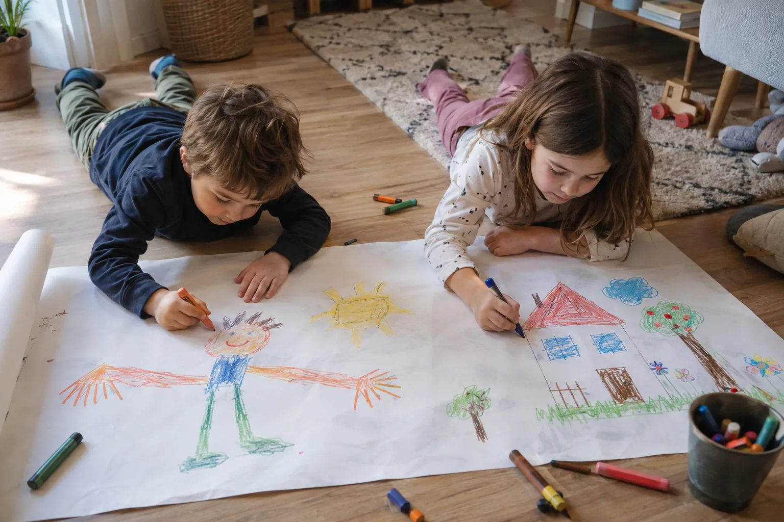 Deux enfants à plat ventre sur un grand rouleau de papier dessinent un bonhomme aux grands bras et une maison avec des crayons de cire.
