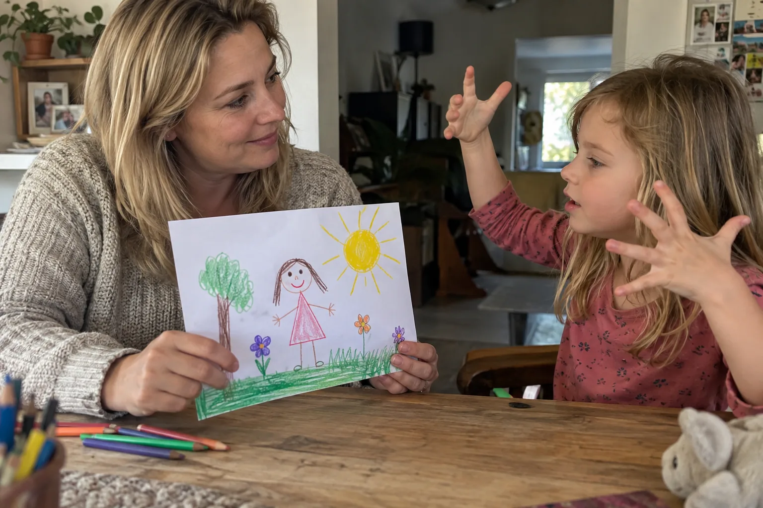 Une mère tient un dessin d’enfant représentant un bonhomme et un soleil pendant que sa fille le lui explique avec de grands gestes.