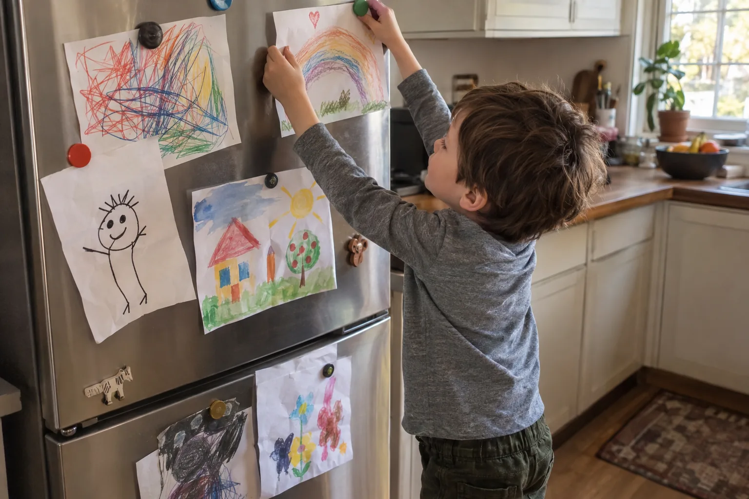 Un garçon accroche un nouveau dessin sur un réfrigérateur déjà couvert de dessins d’enfants aux styles différents.