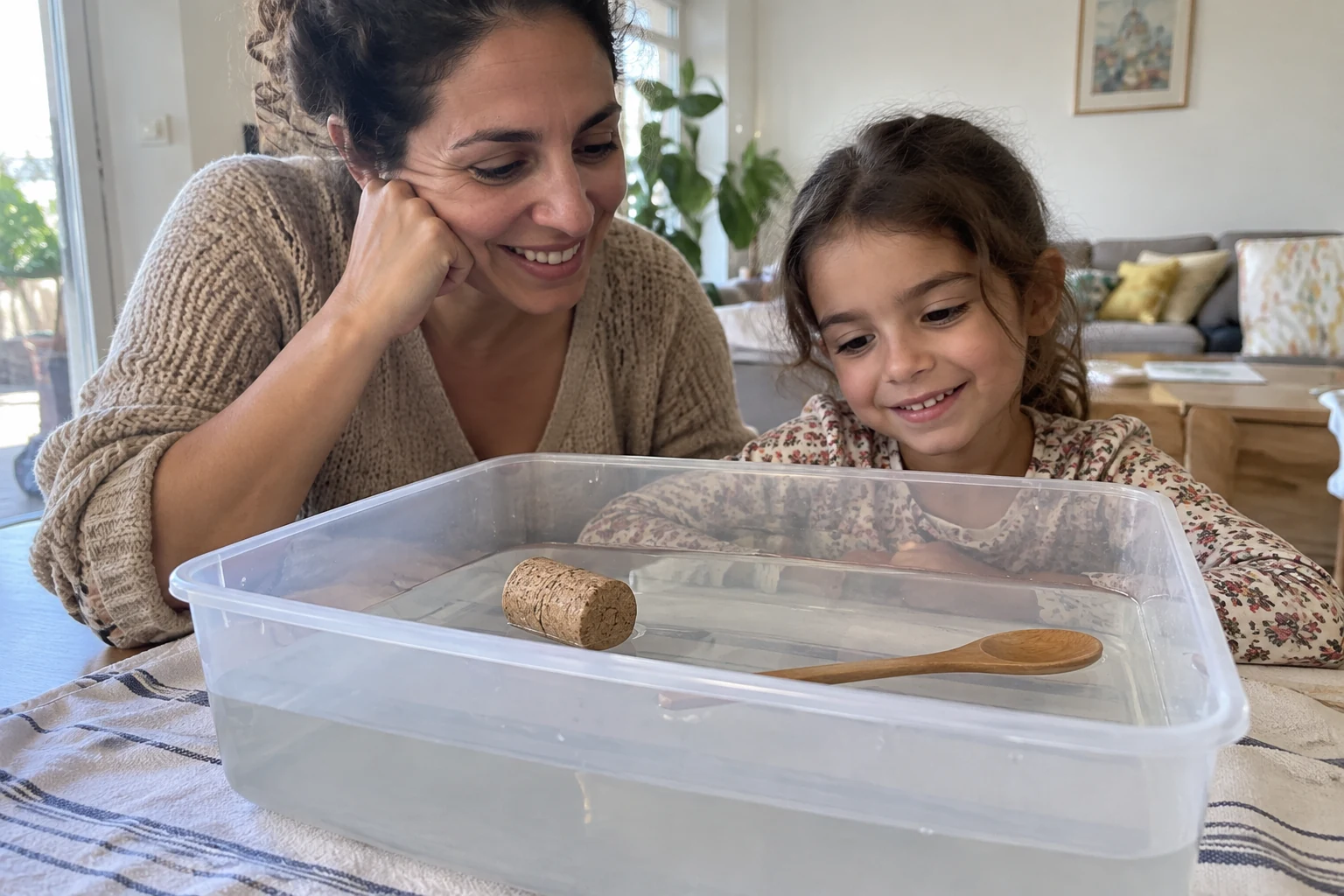 Une mère et sa fille observent différents objets flotter dans un bac d’eau.