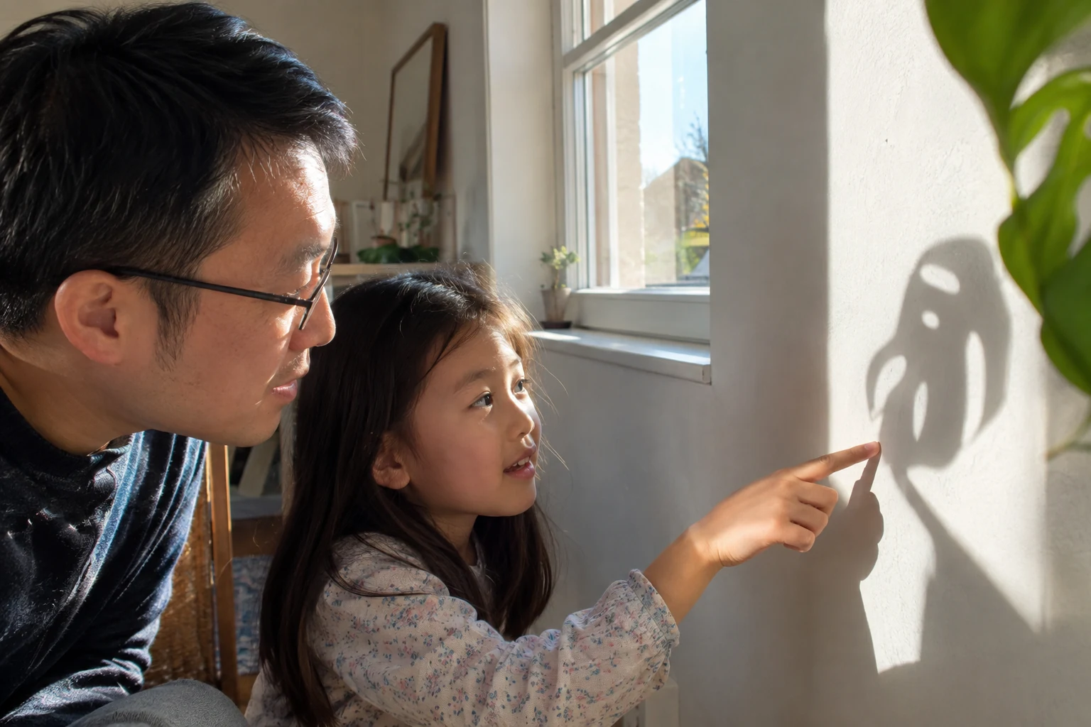 Un père et son enfant regardent une ombre s’allonger près d’une fenêtre.