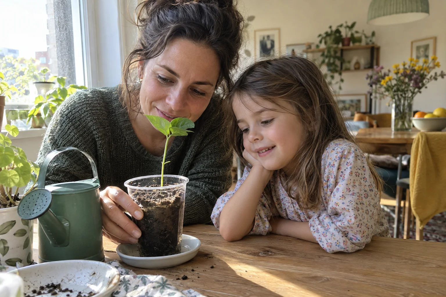Un adulte et un enfant observent les feuilles d’un jeune plant dans un pot transparent rempli de terre.
