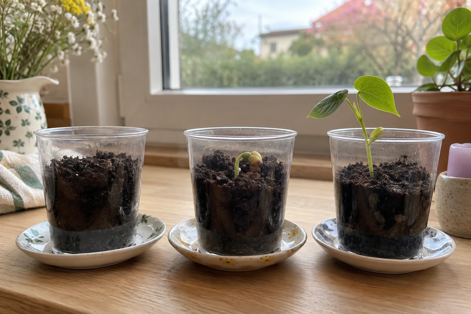 Trois pots transparents remplis de terre montrent successivement aucun plant visible, une pousse courbée et un jeune plant feuillu.