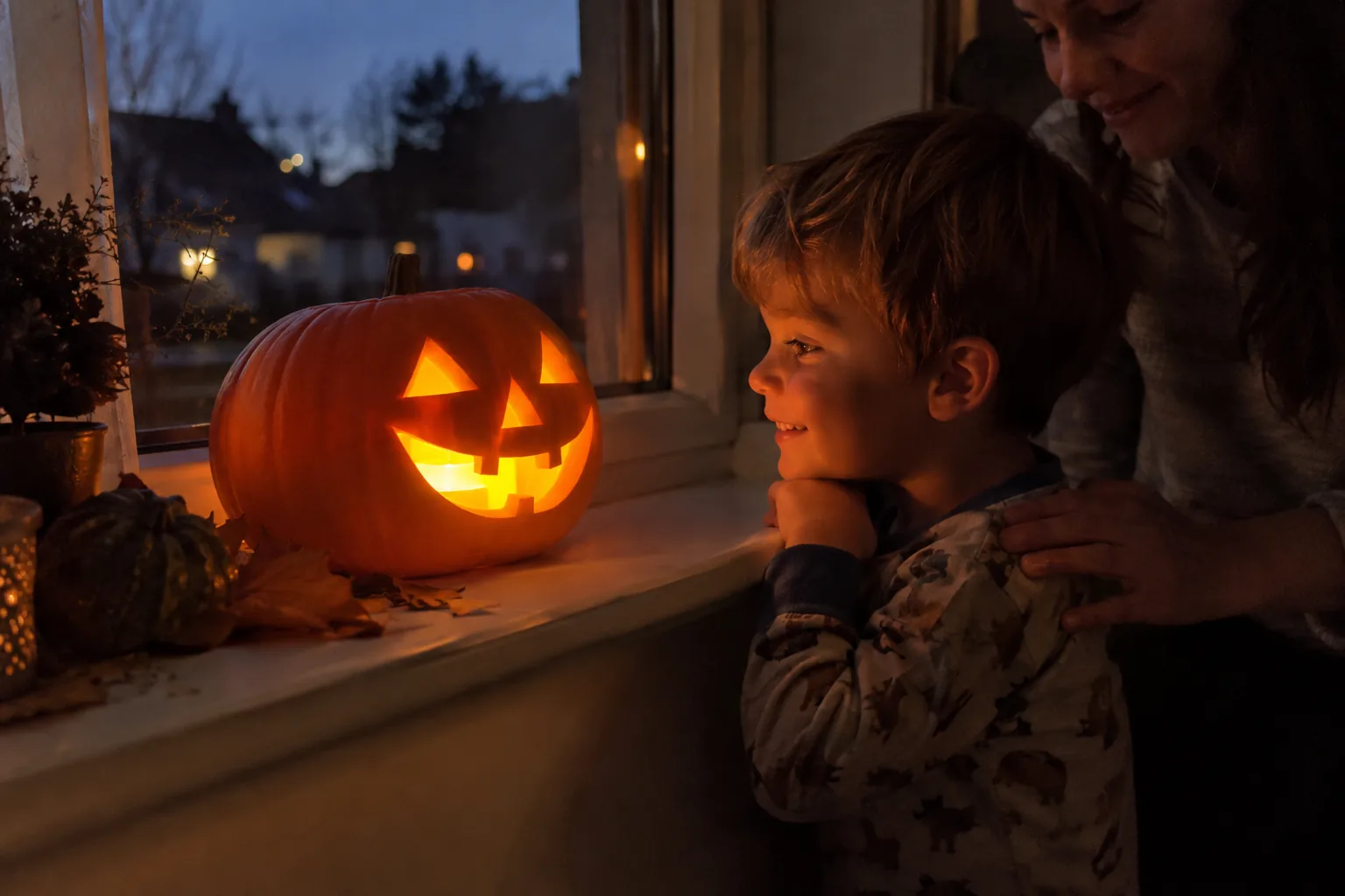 Sur le rebord d’une fenêtre, une citrouille sculptée souriante brille grâce à une bougie LED ; un petit garçon en pyjama la regarde, émerveillé.