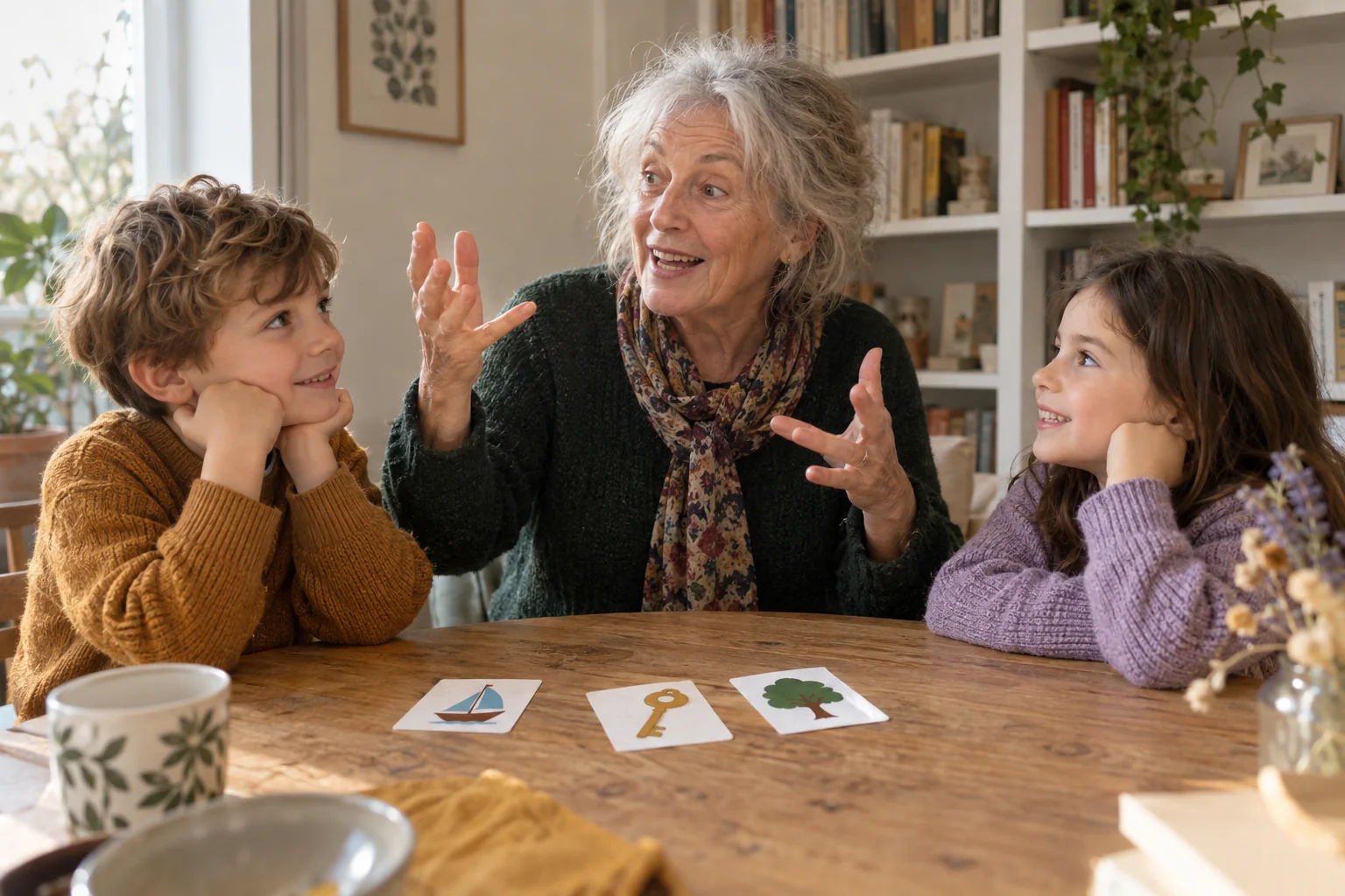 Une grand-mère raconte une histoire à deux enfants autour d’une table, avec des cartes représentant un bateau, une clé et un arbre.