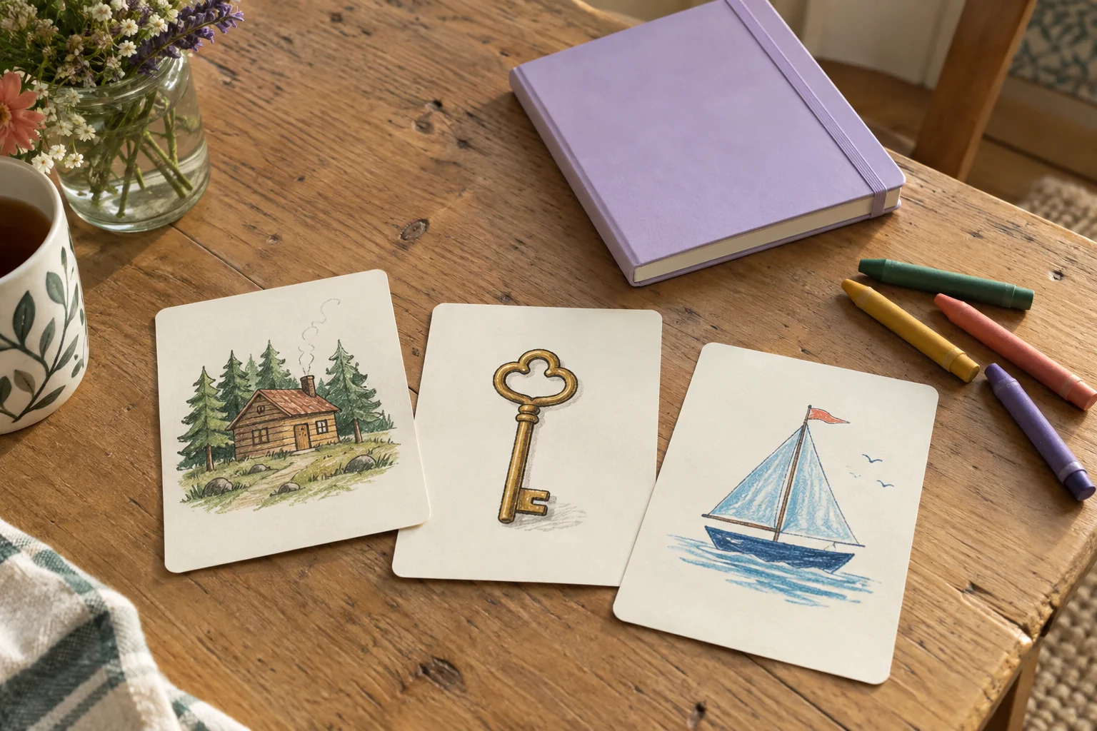 Trois cartes illustrées montrent une cabane, une clé et un voilier, à côté d’un carnet lavande et de crayons de couleur.