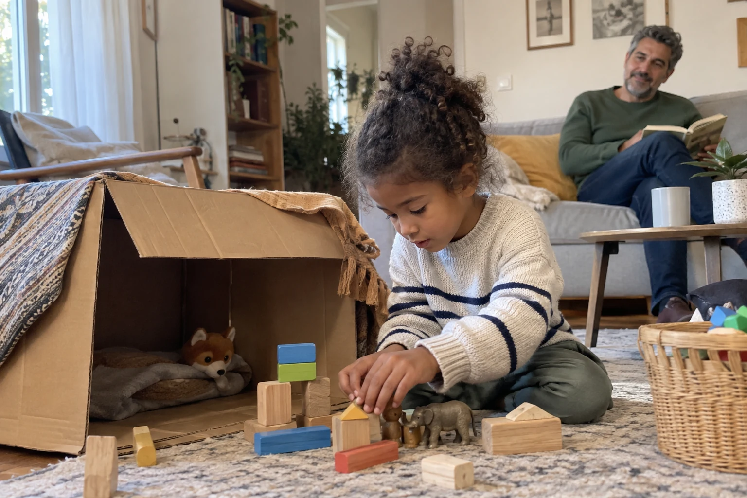 Un enfant construit une cabane en carton tandis que son père reste disponible à proximité.