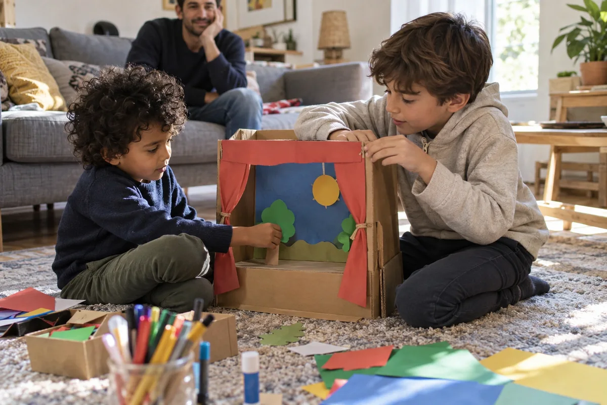 Deux enfants inventent un petit théâtre avec un carton et des crayons à la maison