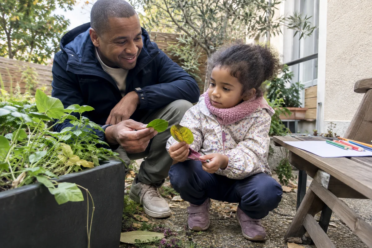 Un père et sa fille observent une feuille dans le jardin.