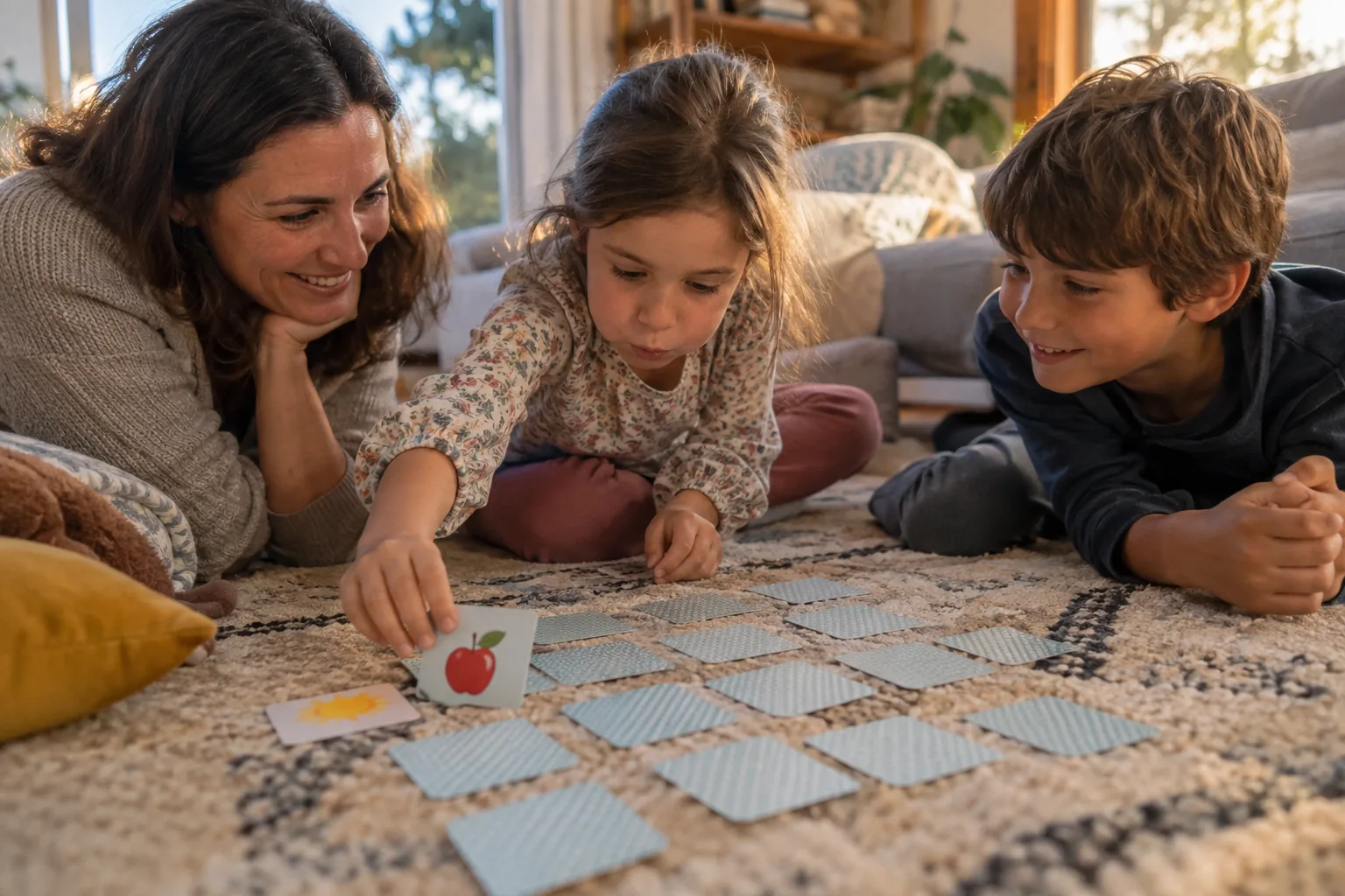 Sur un tapis, une fillette retourne une carte illustrée d’une pomme au milieu de cartes faces cachées, sous le regard de son frère et de sa mère.