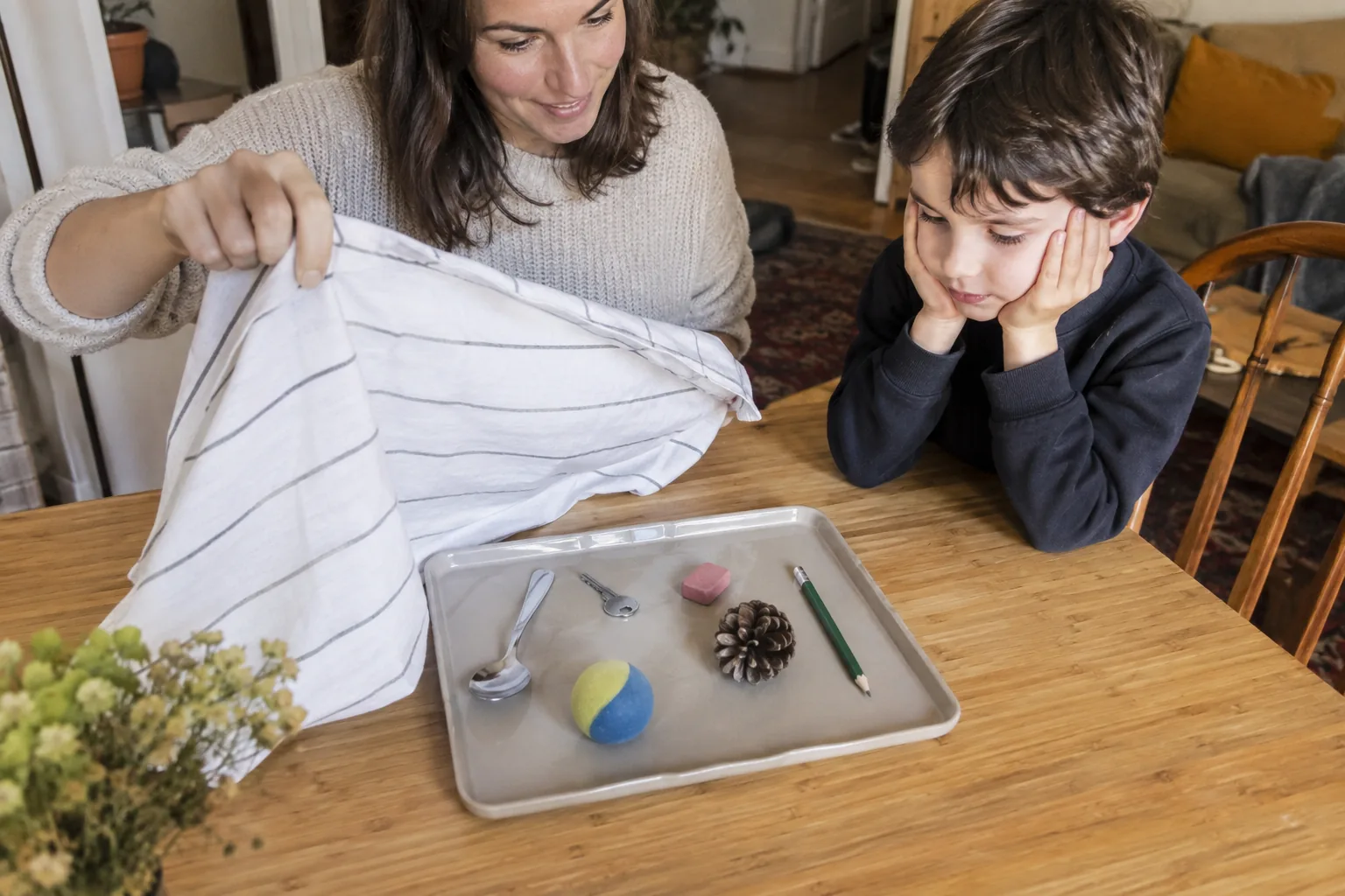 Une mère soulève un torchon qui couvrait un plateau de six petits objets pendant que son fils les observe, les mains sur les joues.