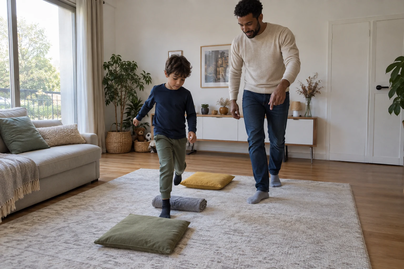 Un père et son enfant suivent un parcours de coussins posés au sol dans le salon.