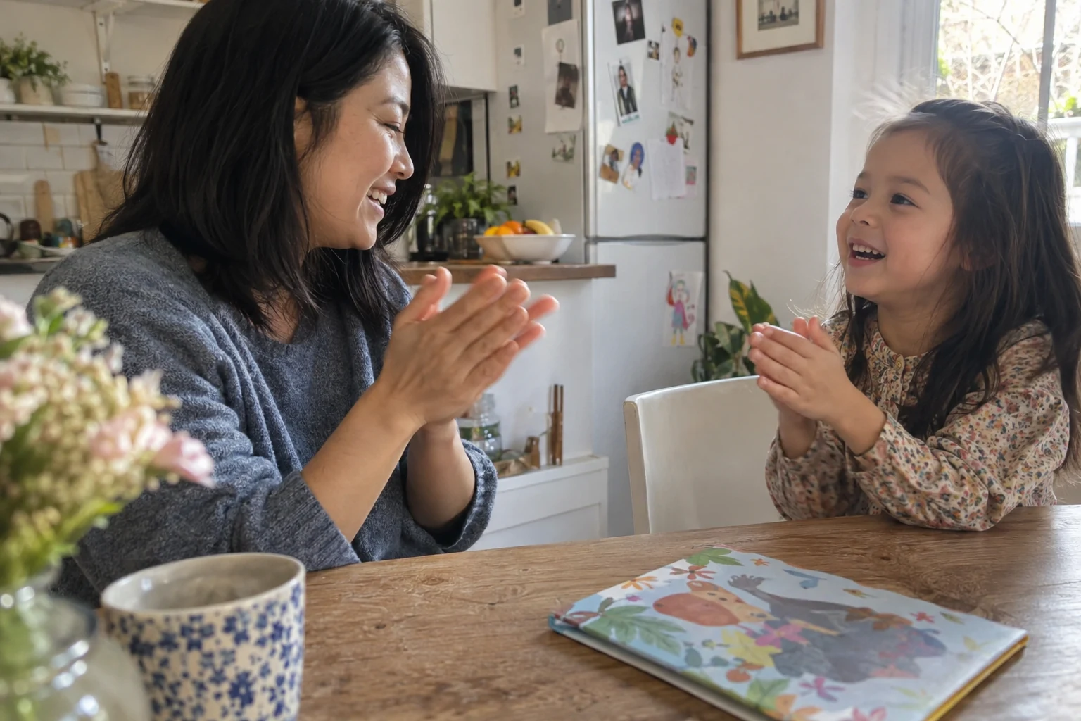 Un père et sa fille frappent doucement dans leurs mains en jouant avec les sons.