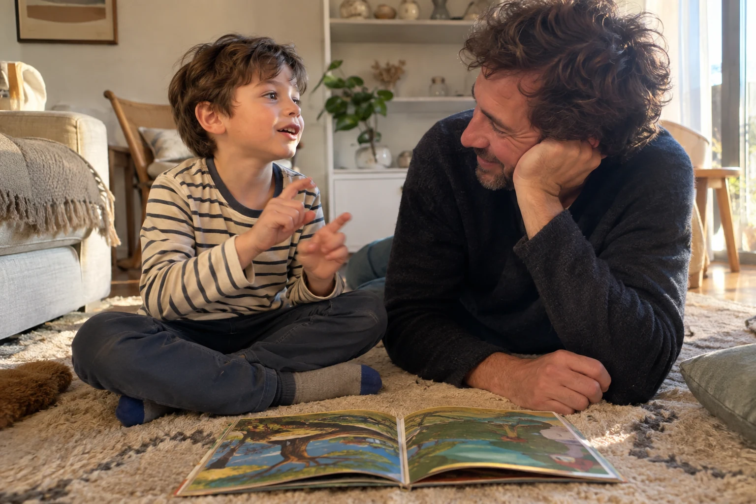 Une mère écoute sa fille inventer une comptine à partir d’un album illustré.
