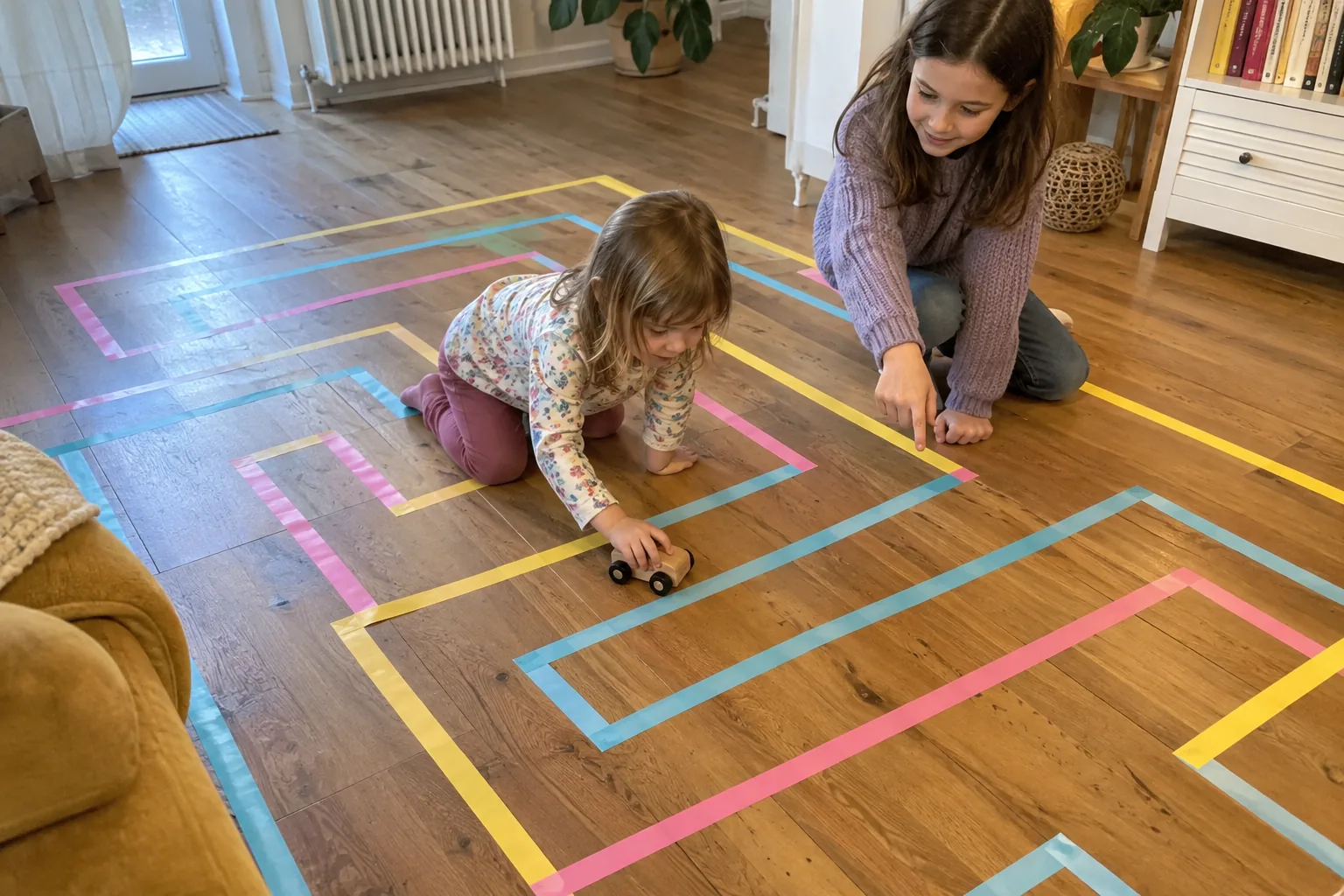 Dans un salon aux meubles poussés, une petite fille fait rouler une voiture en bois sur un labyrinthe de ruban adhésif coloré tracé au sol, guidée par sa grande sœur.