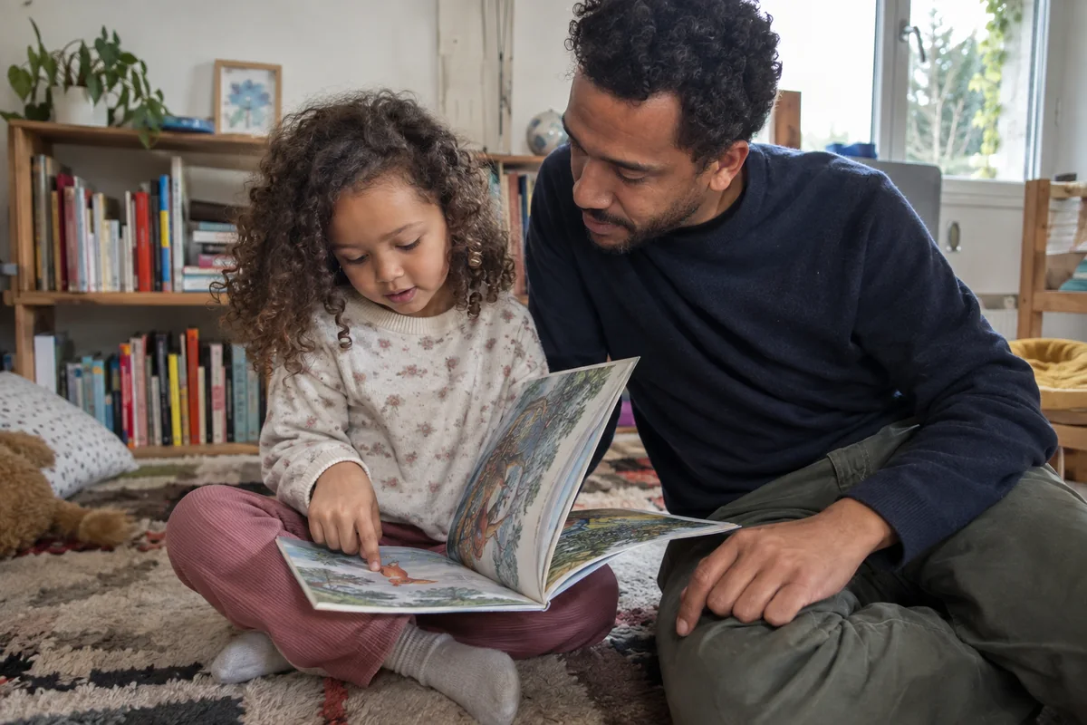 Un père et sa fille feuillettent ensemble un album illustré à la maison