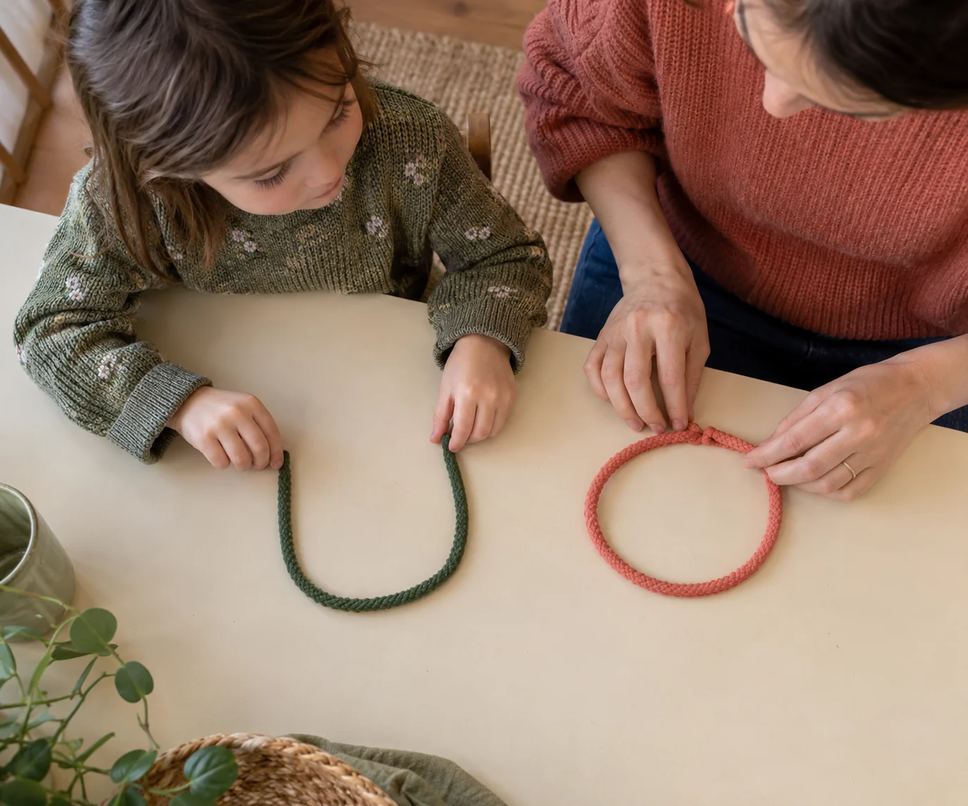 A child and adult compare an open cord and a loop on a table.