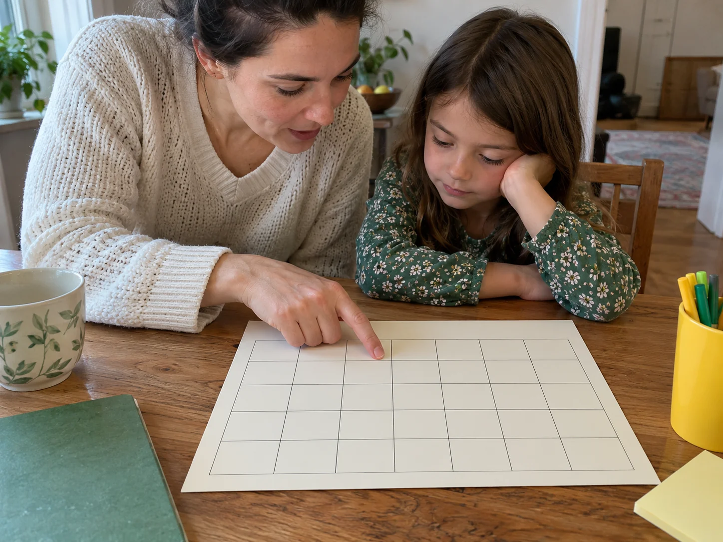 A child and adult examine an unnumbered monthly grid.