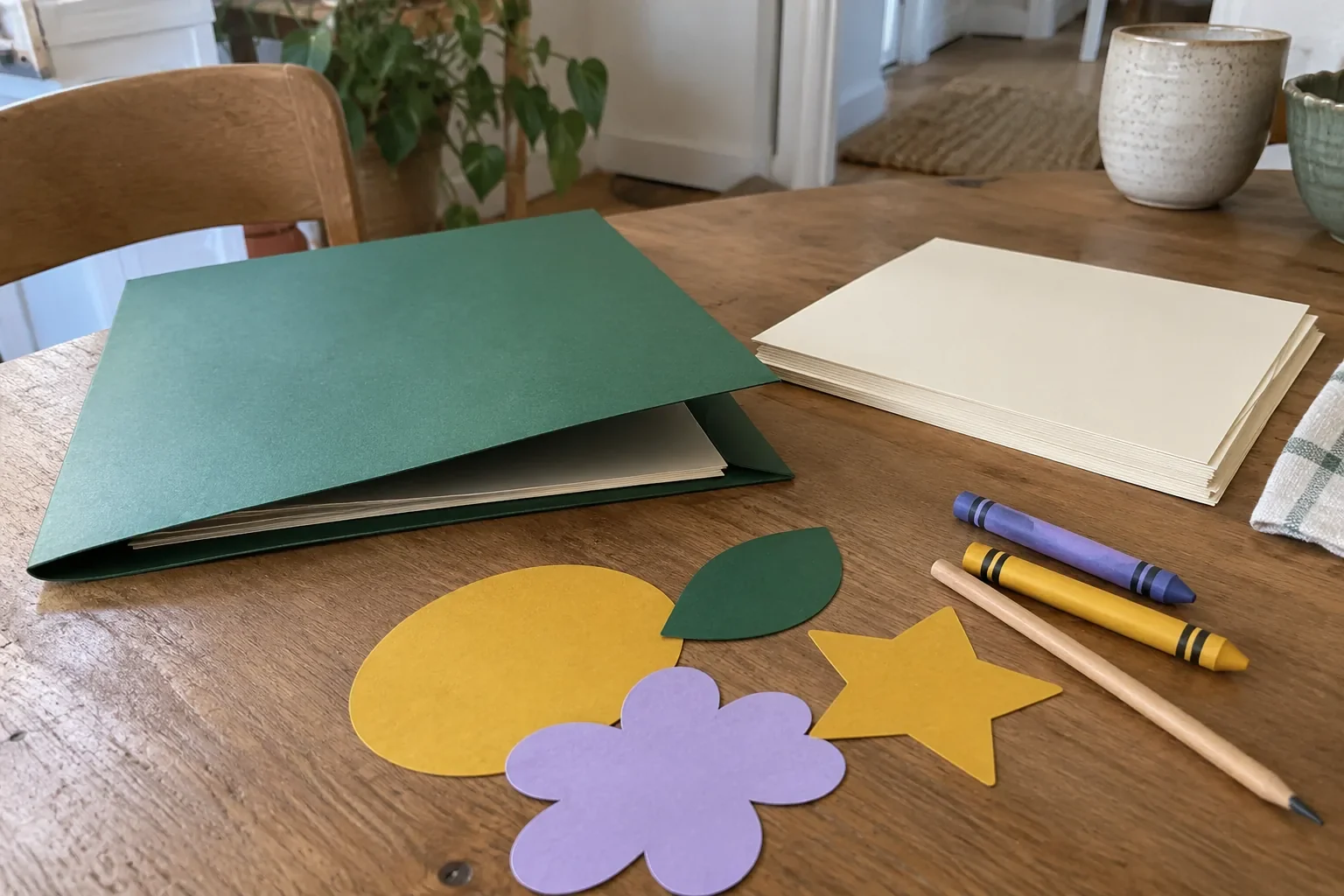 Hojas, l&aacute;pices y figuras recortadas ordenados sobre una mesa.