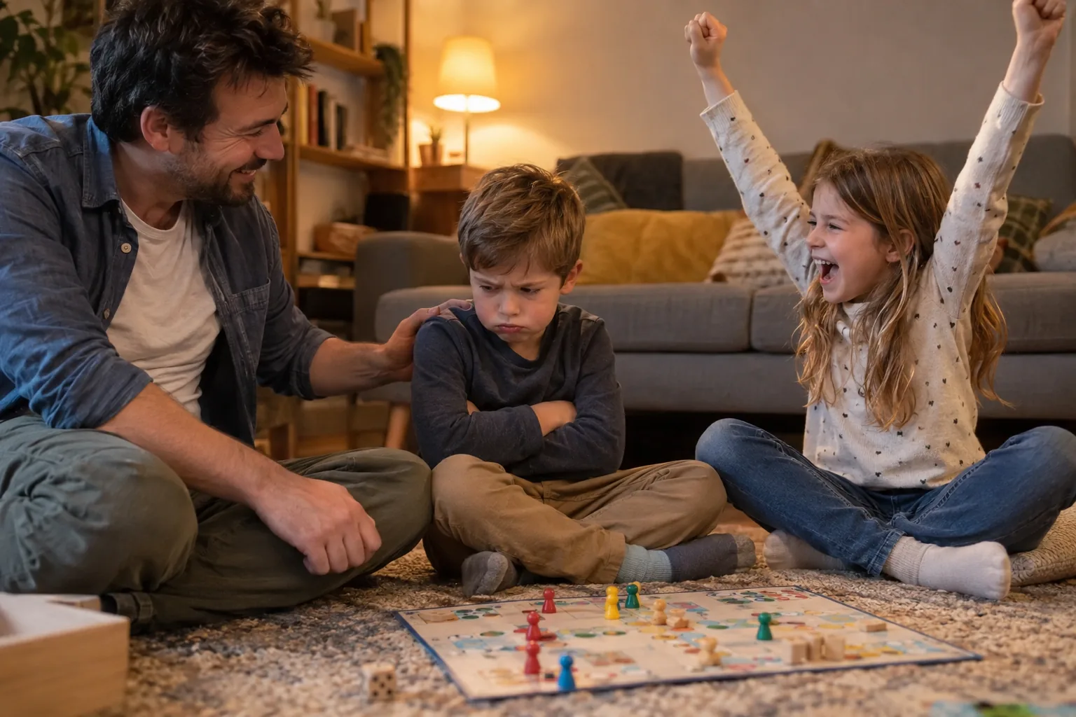Une famille joue à un jeu de plateau sur le tapis du salon ; un garçon boude, les bras croisés, sa sœur lève les bras et leur père pose une main apaisante sur son épaule.