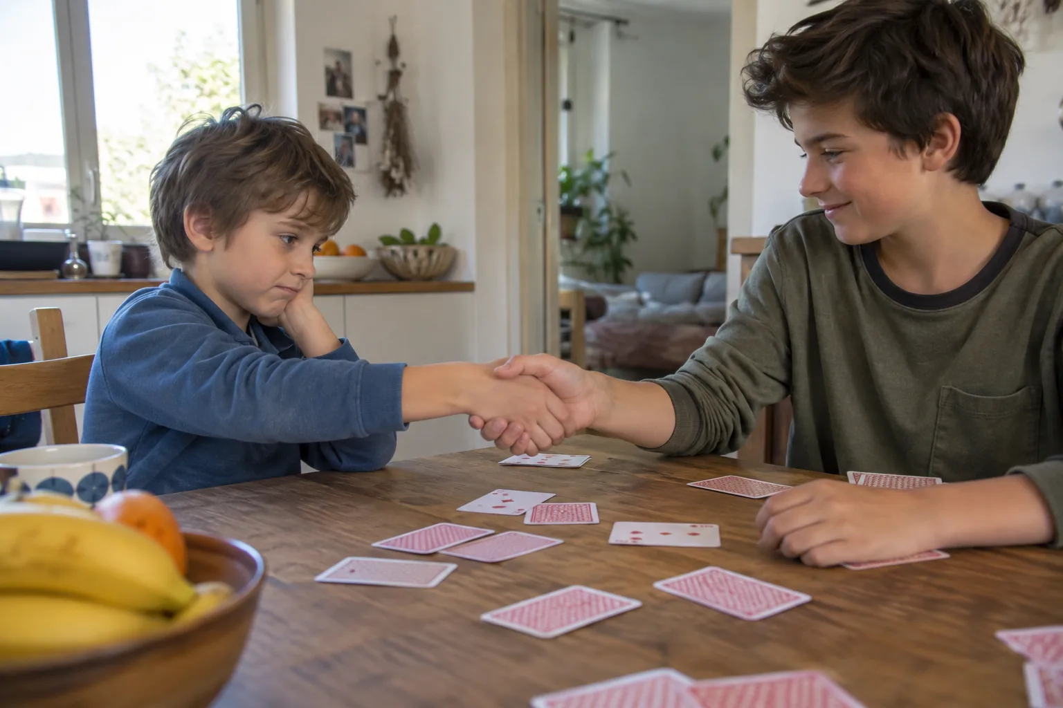 Deux frères se serrent la main au-dessus de cartes étalées ; le plus jeune a encore l’air un peu déçu.