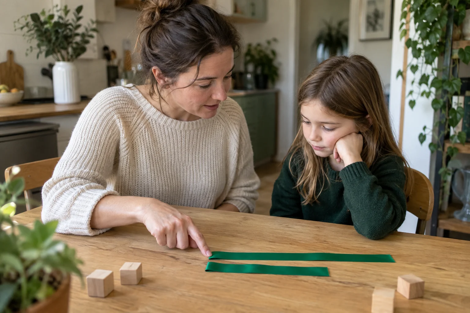 Un adulte et un enfant comparent deux rubans verts de longueurs différentes en regardant leurs extrémités alignées.