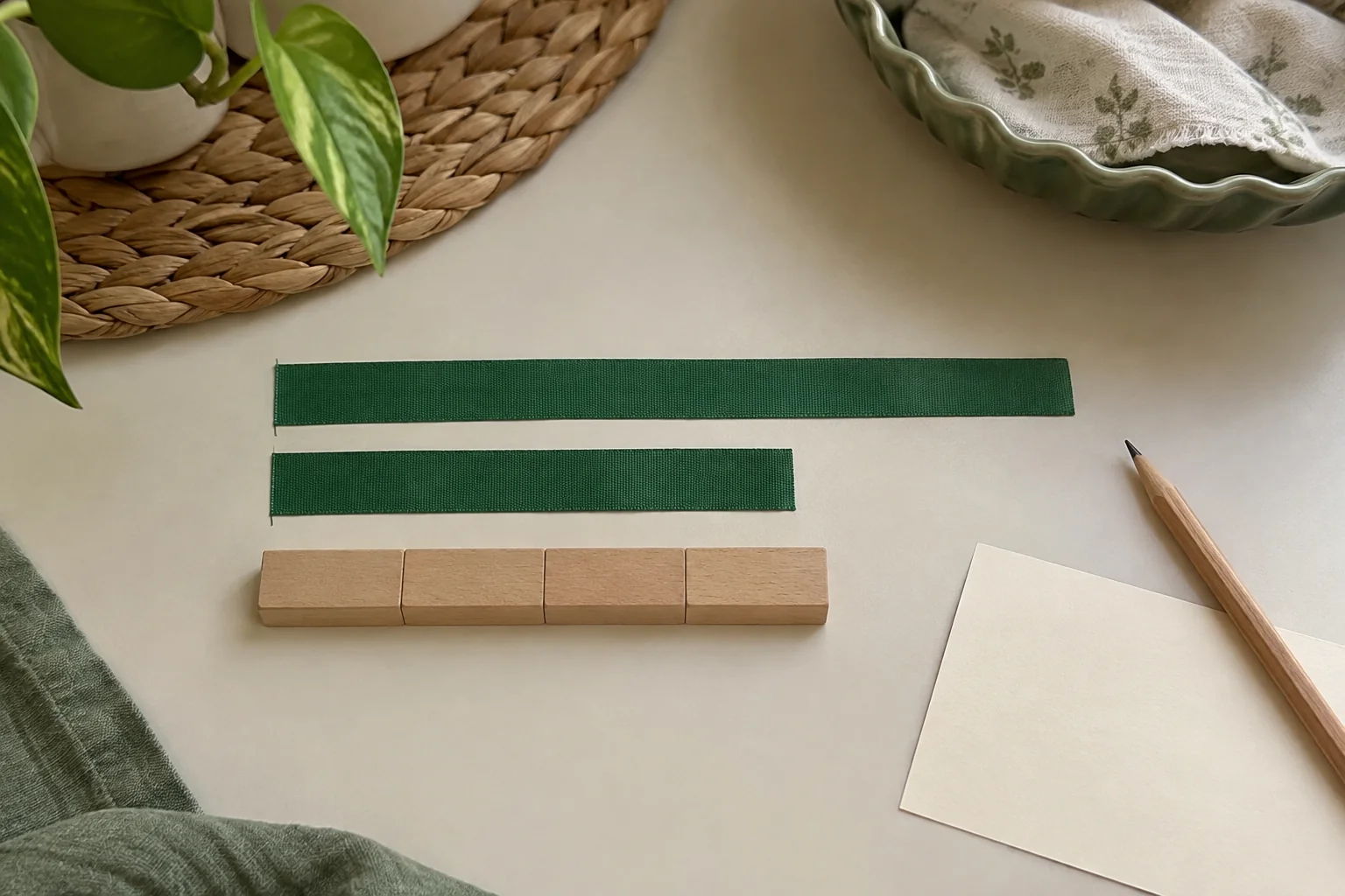 Deux rubans verts de longueurs différentes et quatre blocs rectangulaires en bois alignés sont posés près d’un crayon.