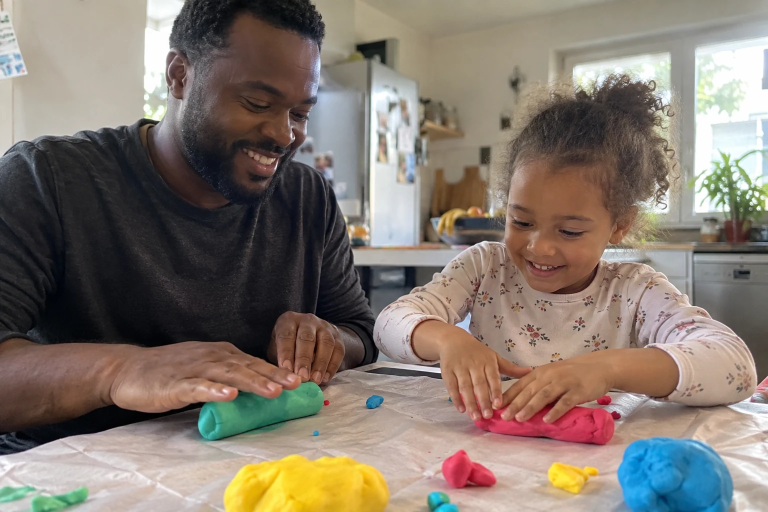 Un père et son enfant pressent de la pâte à modeler sur la table.