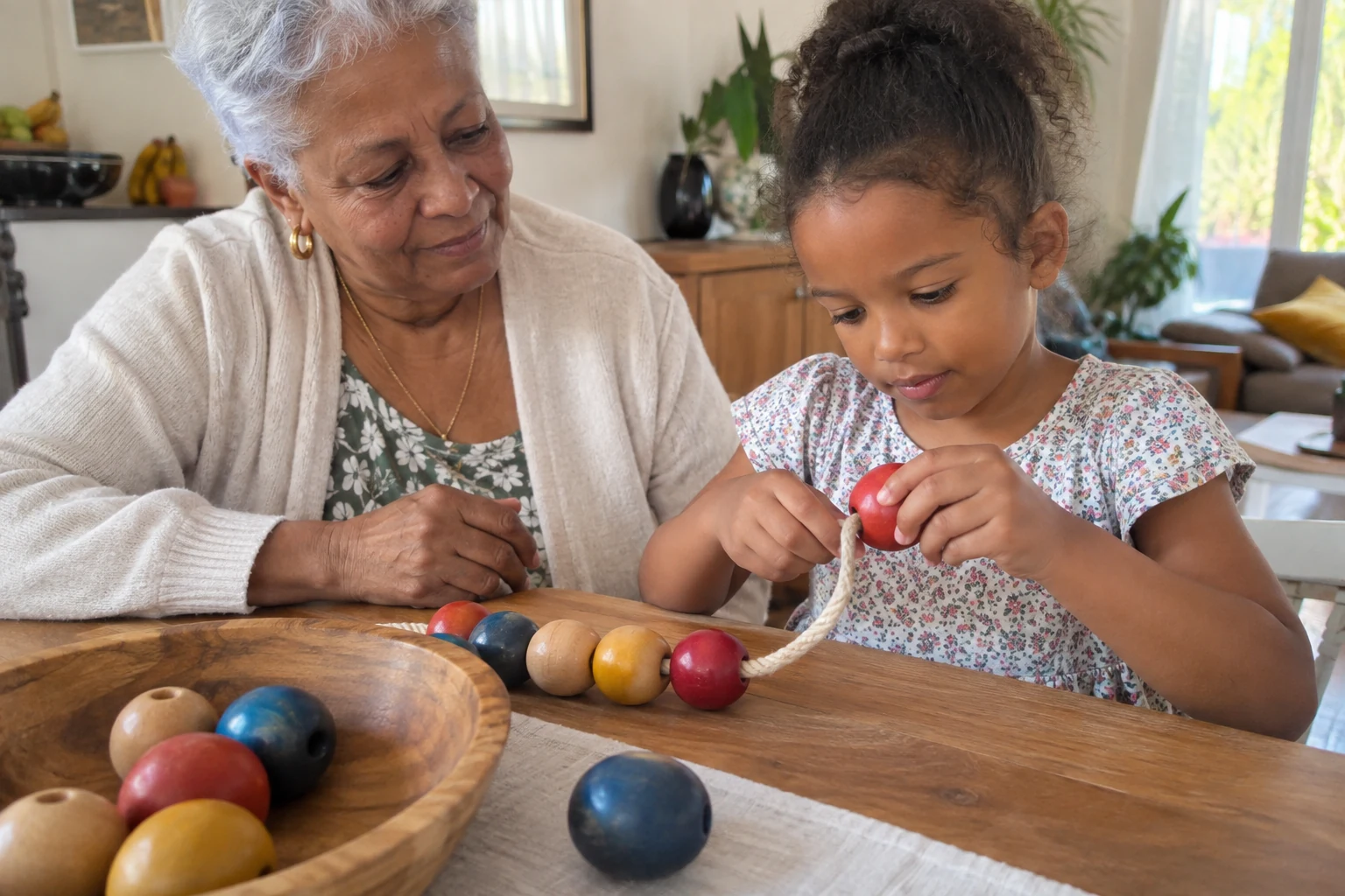 Une grand-mère accompagne sa petite-fille qui manipule de grosses perles en bois.