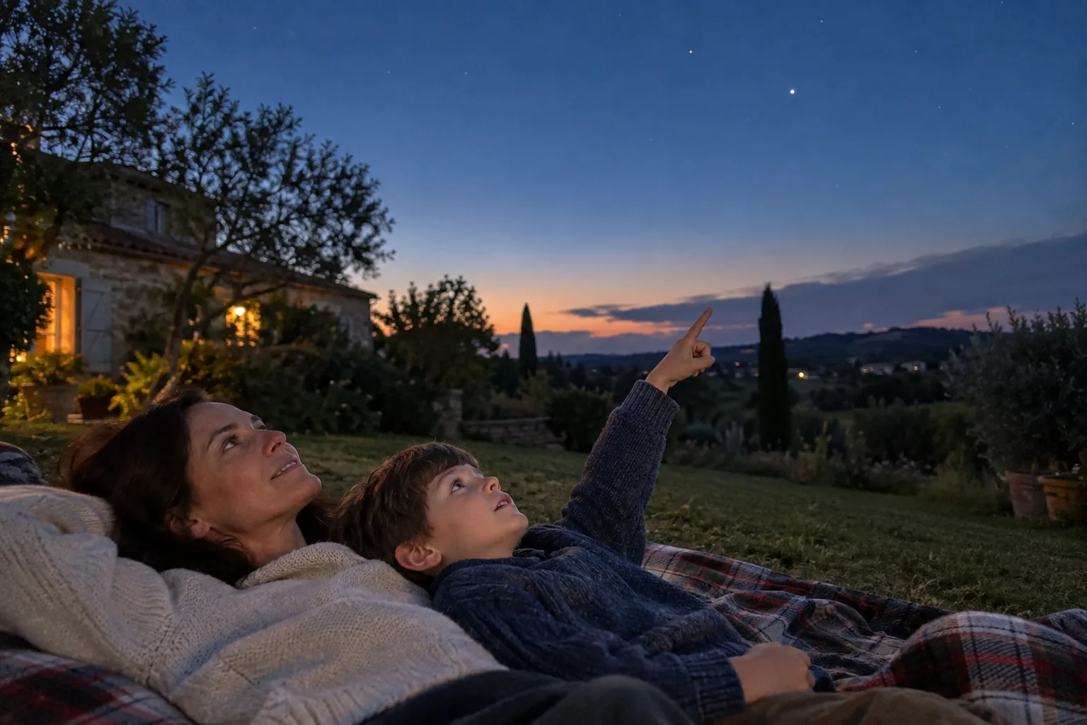 Une mère et son fils allongés sur une couverture dans un jardin au crépuscule, l’enfant montre les premières étoiles du doigt.
