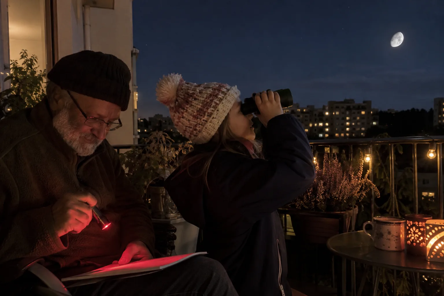 Sur un balcon, le soir, une fillette observe la Lune aux jumelles pendant que son grand-père éclaire un carnet avec une lampe rouge.