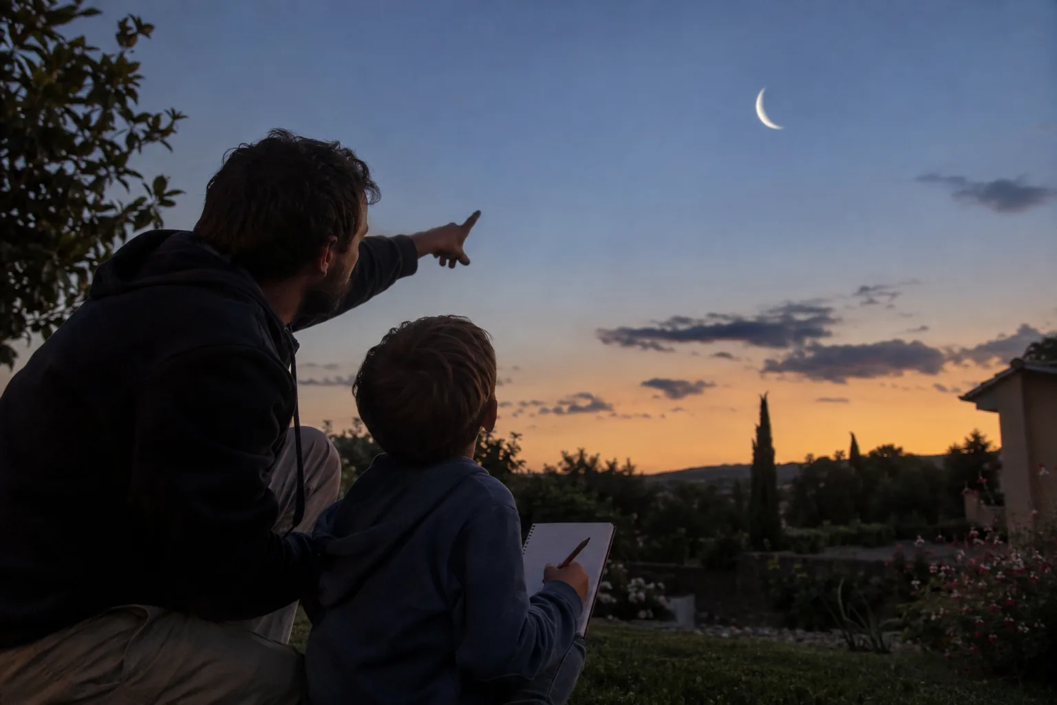 Un père accroupi dans un jardin au crépuscule montre un fin croissant de lune à son fils qui tient un carnet.