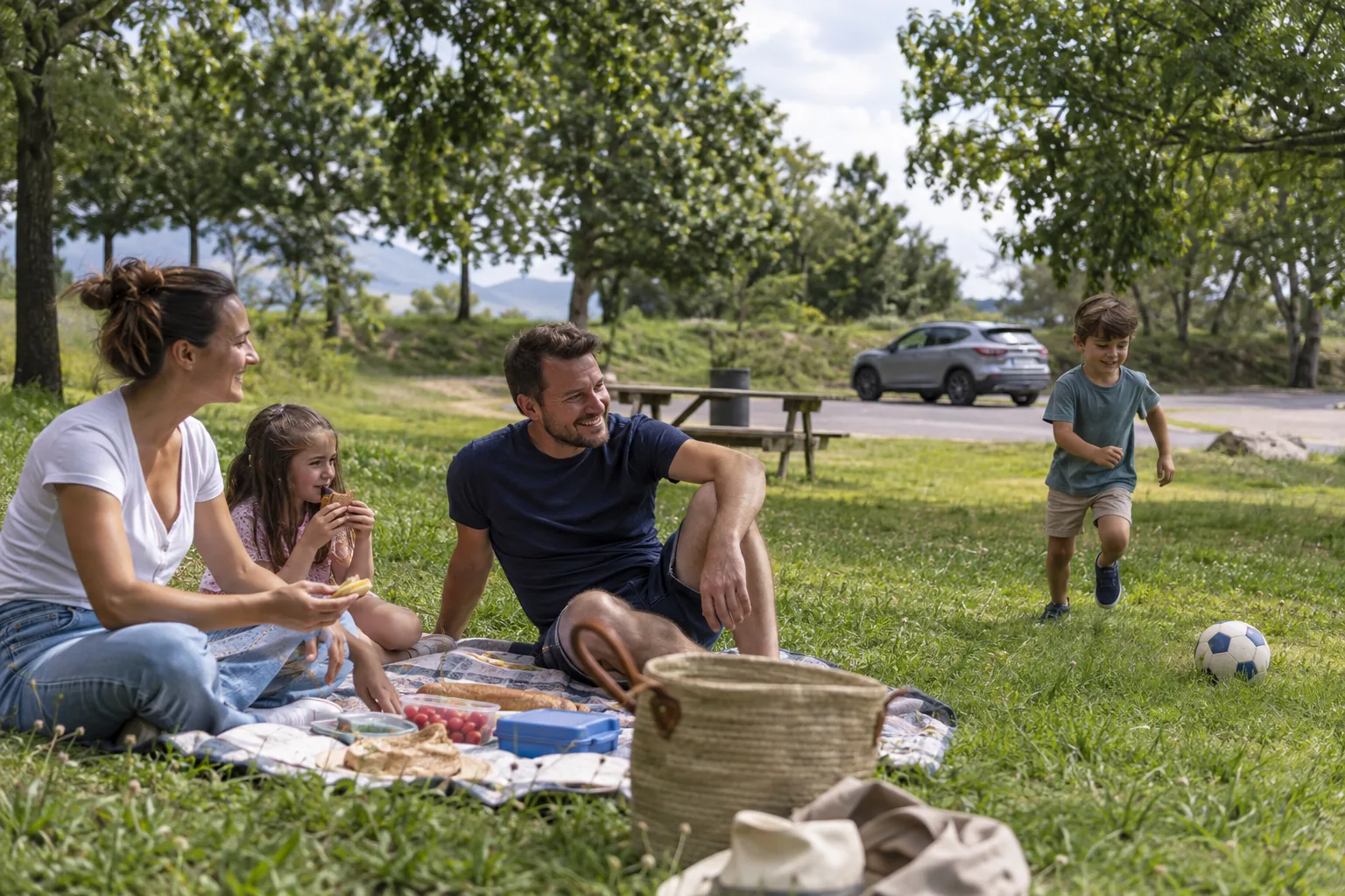 Une famille pique-nique sur une nappe dans l’herbe d’une aire de repos arborée pendant qu’un enfant court après un ballon.