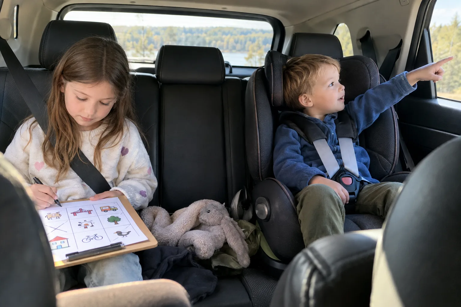 À l’arrière d’une voiture, une fillette coche une grille de bingo dessinée à la main pendant que son petit frère, attaché dans son siège, montre quelque chose par la fenêtre.
