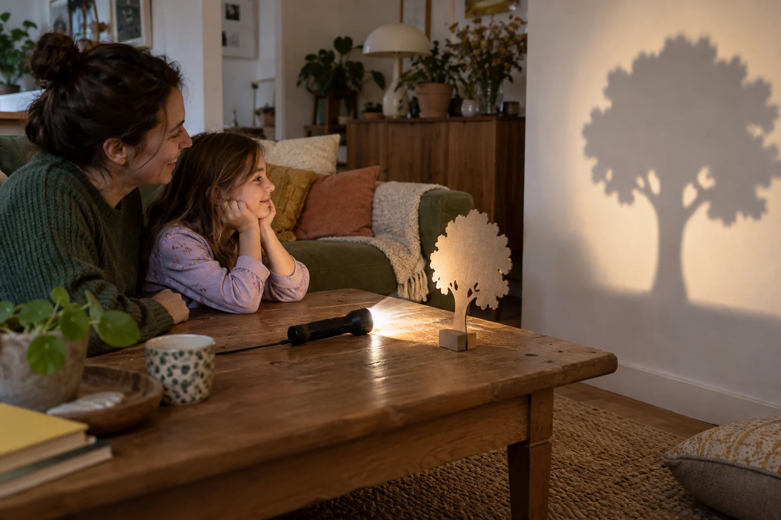 Un adulte et un enfant observent la grande ombre d’un arbre en carton projetée au mur par une lampe.