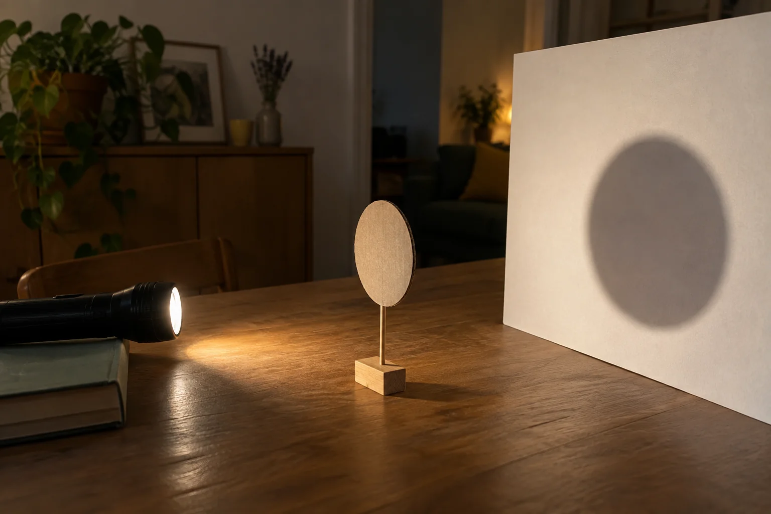 Une lampe éclaire un disque de carton sur un support, qui projette une ombre arrondie sur un écran blanc.