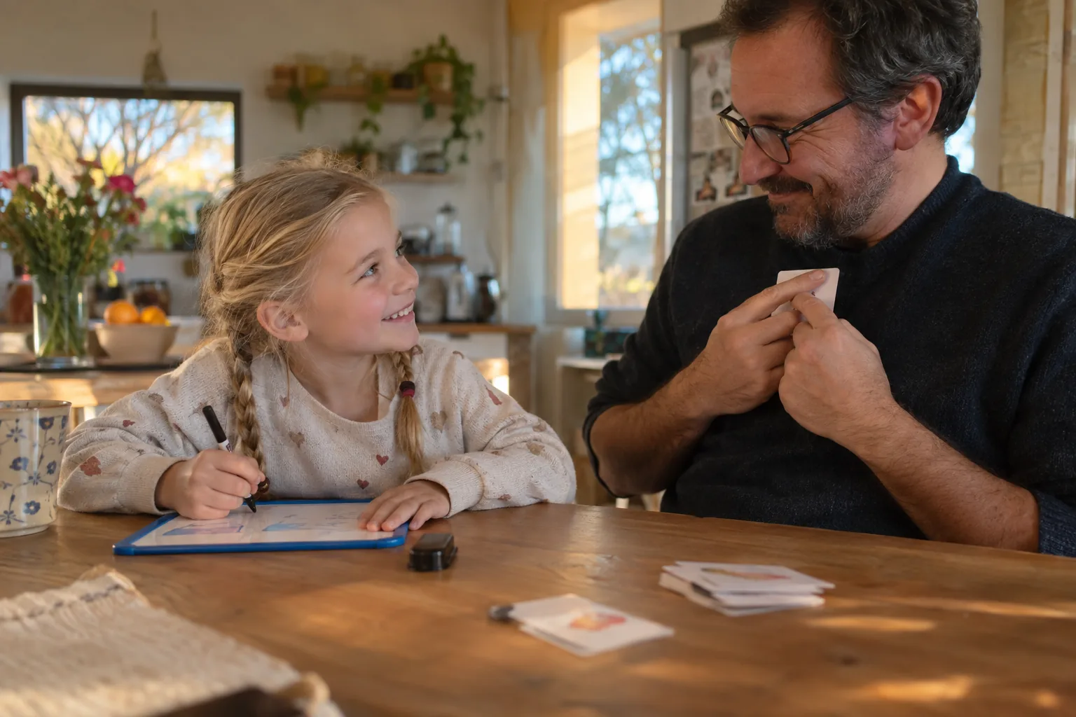 Une fillette écrit sur une petite ardoise blanche pendant que son père cache une carte contre sa poitrine en souriant.