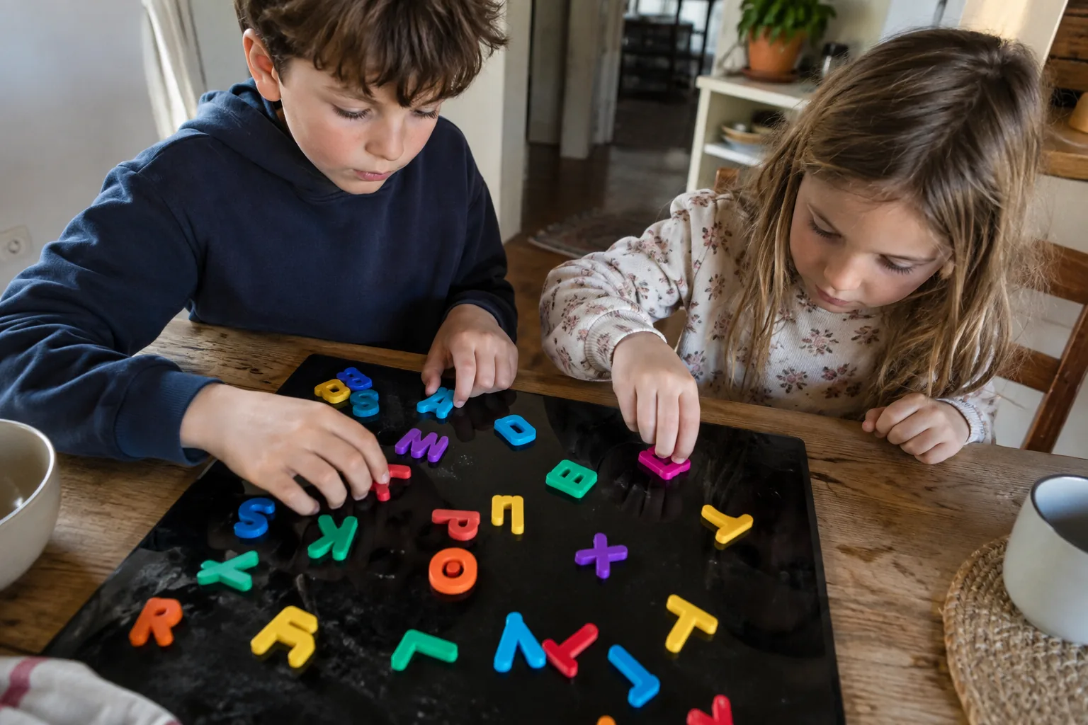 Un garçon et sa petite sœur manipulent des lettres magnétiques colorées sur une plaque posée sur la table.