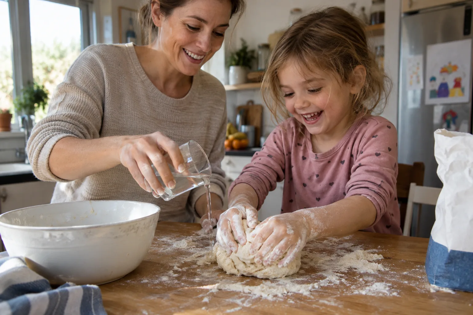 Une fillette aux mains pleines de farine pétrit une boule de pâte blanche pendant que sa mère verse un peu d’eau.