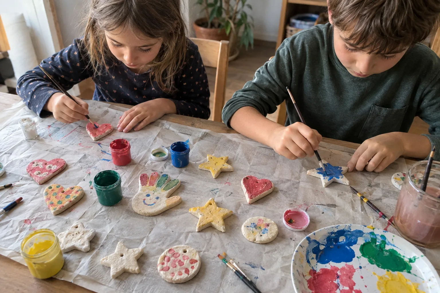 Deux enfants peignent à la gouache de petites figurines en pâte à sel cuite, étoiles, cœurs et empreinte de main, sur une table couverte de papier.