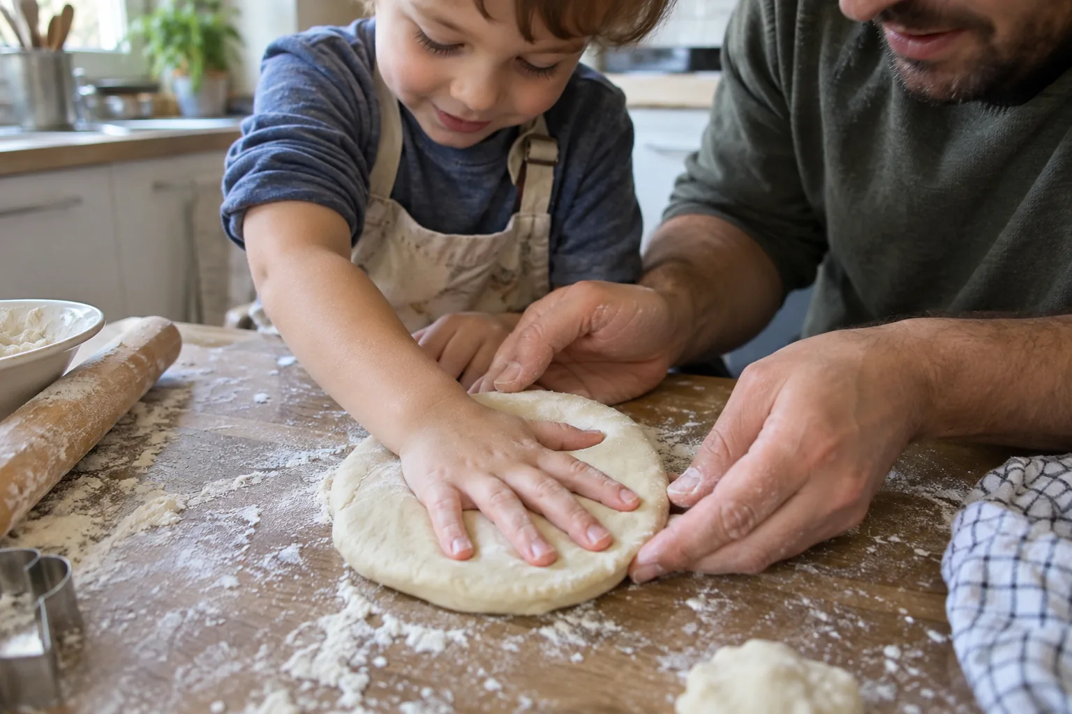 Un enfant appuie sa main à plat dans un disque de pâte à sel que tient son père sur un plan de travail fariné.