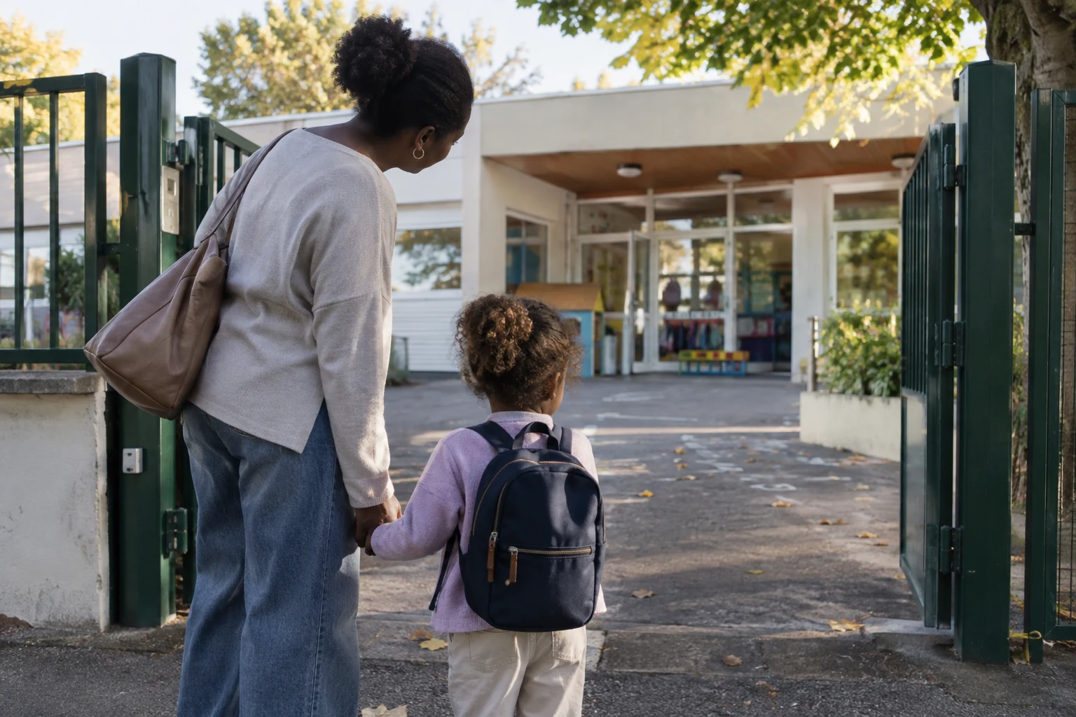 Une mère accompagne son enfant avec son petit sac devant l’entrée d’une école.
