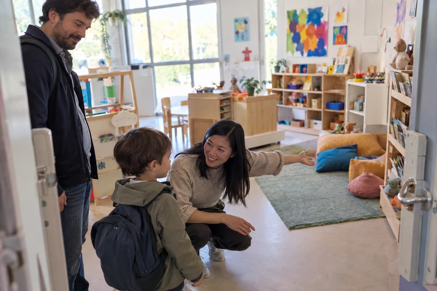 Une enseignante accueille un jeune enfant et son parent dans une classe lumineuse.