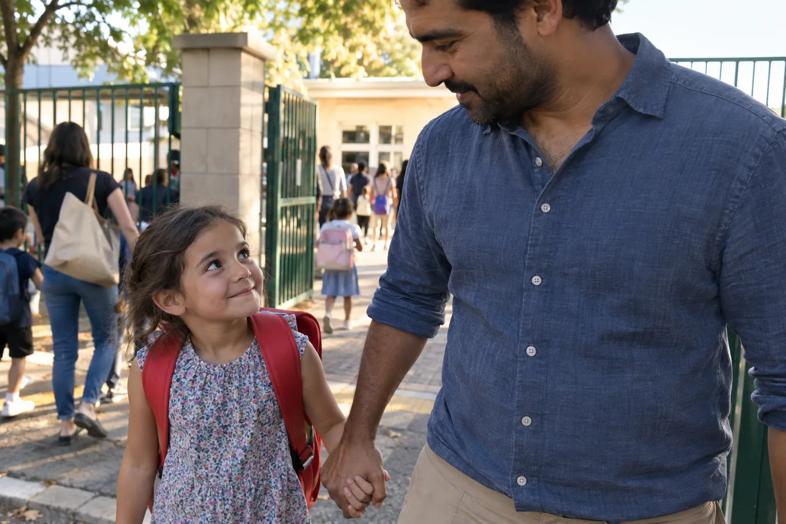 Une fillette avec un cartable rouge tient la main de son père devant le portail d’une école un matin de rentrée.
