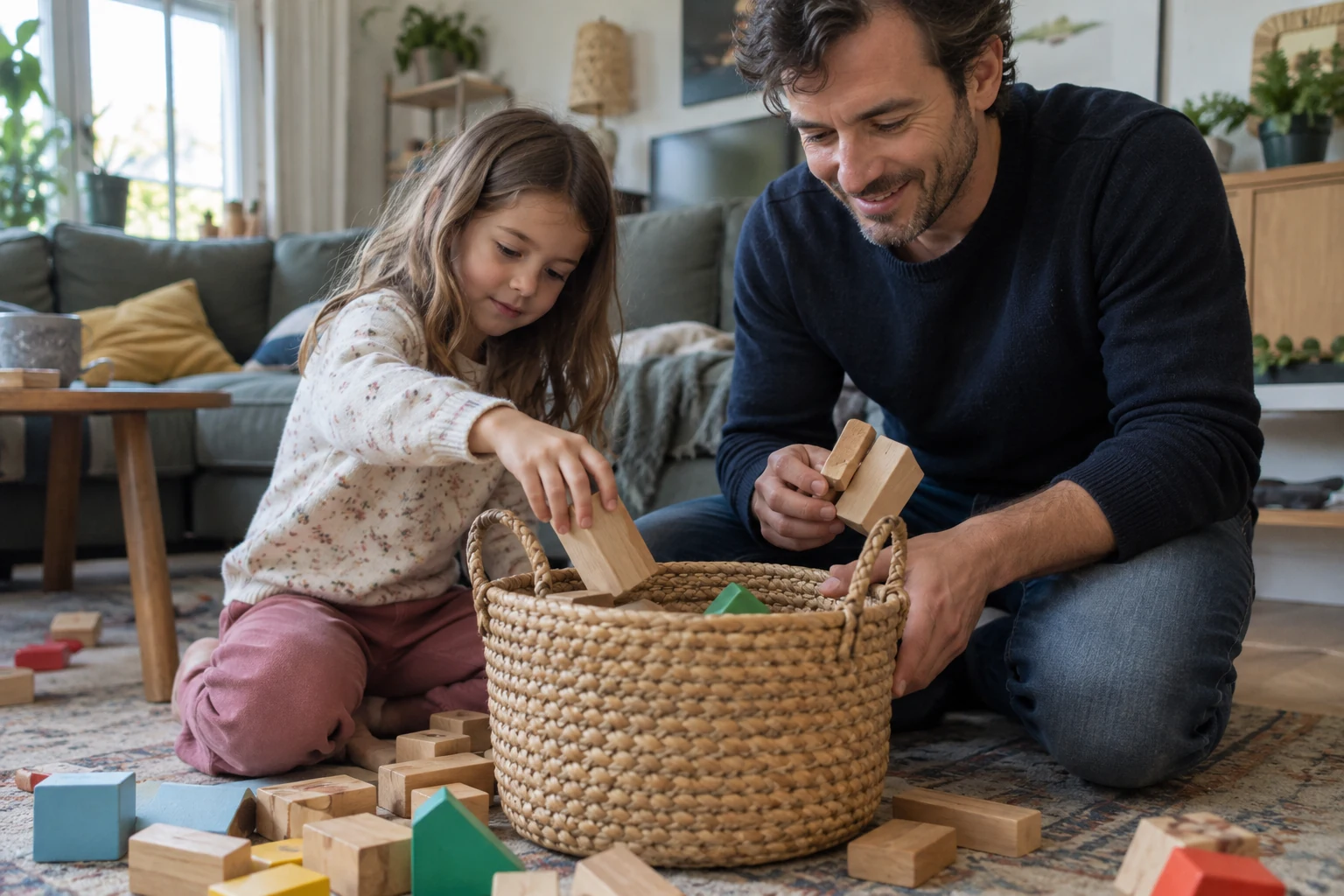 Un père et sa fille remettent des blocs dans un panier bas après le jeu.
