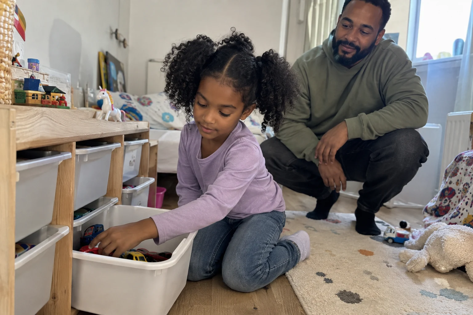 Une enfant range des petites voitures dans un bac à hauteur d’enfant avec son père à côté.