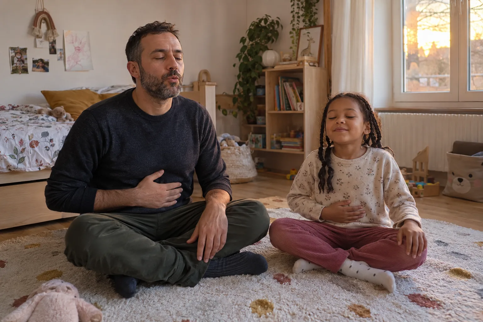 Un père et sa fille assis en tailleur sur un tapis, une main sur le ventre, soufflent doucement les yeux mi-clos.
