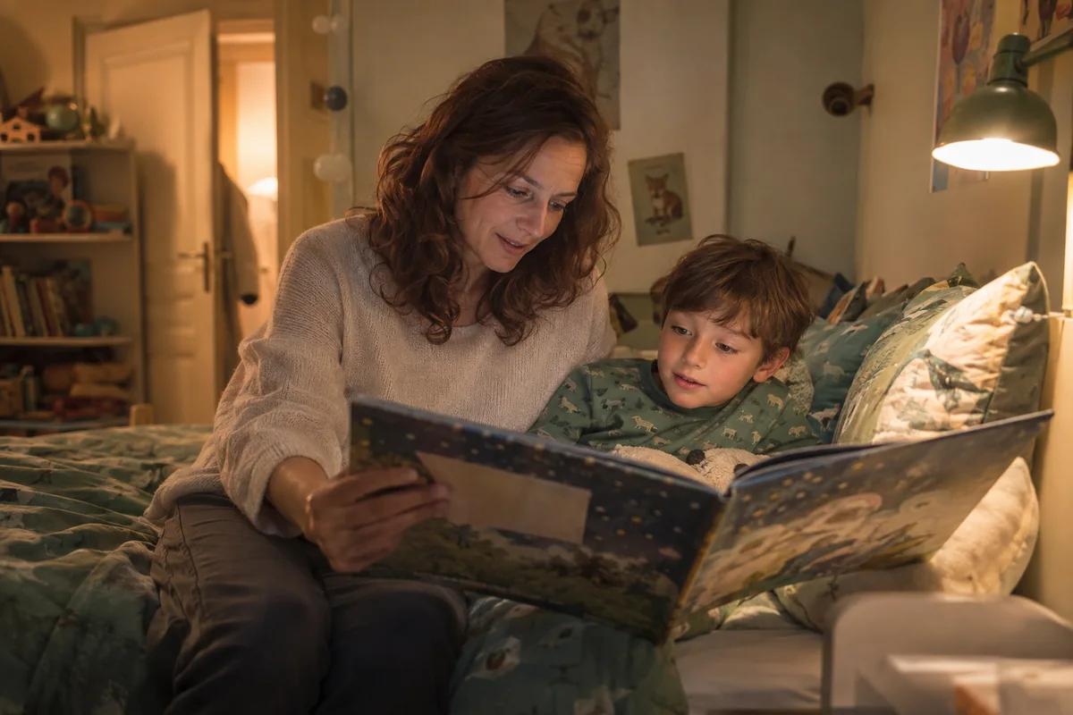 Une mère lit un album avec son fils en pyjama dans une chambre doucement éclairée