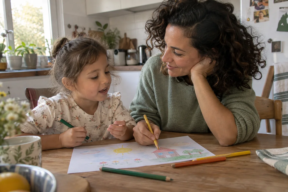 Une mère dessine avec sa fille autour d’une feuille et de crayons de couleur.